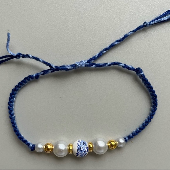 Handmade woven bracelet blue gold adjustable beaded - Picture 3 of 11